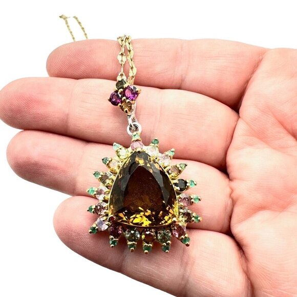 Womens Necklace Gold over Sterling Silver Citrine Tourmaline Pendant 16" Chain - Picture 2 of 6